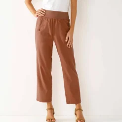 Pantalon droit 7/8ème, taille élastiquée, lin coton