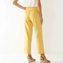 Pantalon droit 7/8ème, taille élastiquée, lin coton