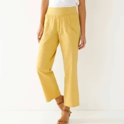 Pantalon droit 7/8ème, taille élastiquée, lin coton