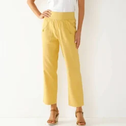 Pantalon droit 7/8ème, taille élastiquée, lin coton