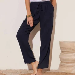 Pantalon droit uni, crépon fluide