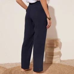 Pantalon droit uni, crépon fluide