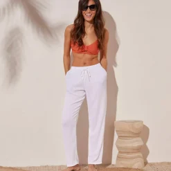 Pantalon droit uni, crépon fluide