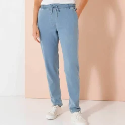 Pantalon jogpant maille effet jean, ceinture élastiquée