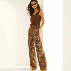 Pantalon large fluide, imprimé fleurs indiennes