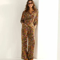 Pantalon large fluide, imprimé fleurs indiennes