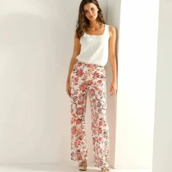 Pantalon large fluide, imprimé fleurs indiennes
