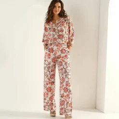 Pantalon large fluide, imprimé fleurs indiennes