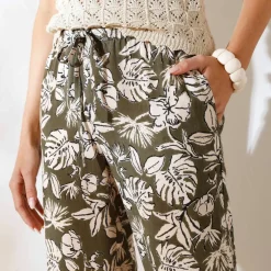 Pantalon large fluide, imprimé végétal