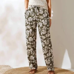 Pantalon large fluide, imprimé végétal