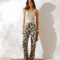 Pantalon large fluide, imprimé végétal