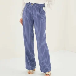 Pantalon large fluide rayé, viscose-lin