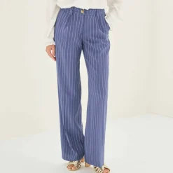 Pantalon large fluide rayé, viscose-lin