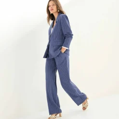 Pantalon large fluide rayé, viscose-lin