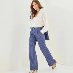 Pantalon large fluide rayé, viscose-lin