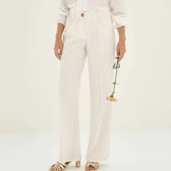 Pantalon large fluide rayé, viscose-lin