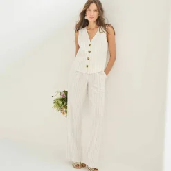 Pantalon large fluide rayé, viscose-lin