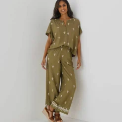 Pantalon large imprimé, taille élastiquée