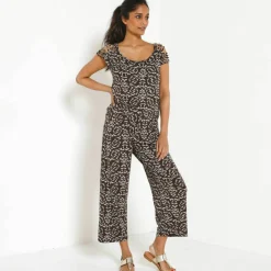 Pantalon large 7/8ème, taille élastiquée, maille imprimée
