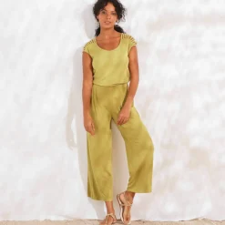 Pantalon large 7/8ème, taille élastiquée, maille unie