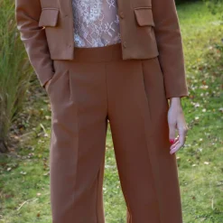 Pantalon large à pinces taille haute, uni