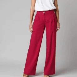 Pantalon large à pinces uni, en viscose-lin
