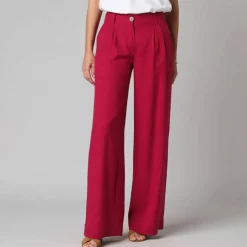 Pantalon large à pinces uni, en viscose-lin