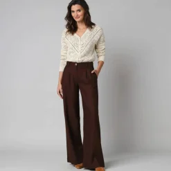 Pantalon large à pinces uni, en viscose-lin