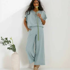 Pantalon large rayé, taille élastiquée