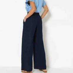 Pantalon large taille haute effet jean, en gaze de coton