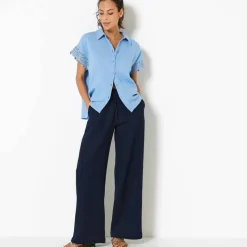 Pantalon large taille haute effet jean, en gaze de coton