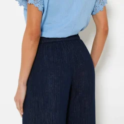 Pantalon large taille haute effet jean, en gaze de coton