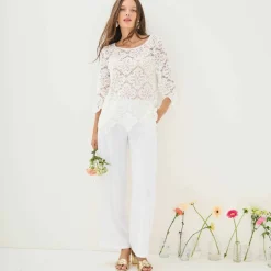 Pantalon large taille haute à enfiler, crêpe fluide