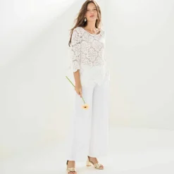 Pantalon large taille haute à enfiler, crêpe fluide