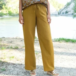 Pantalon large taille haute, gaze de coton