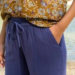 Pantalon large taille haute, gaze de coton