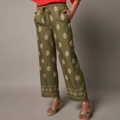 Pantalon large taille haute, viscose imprimée
