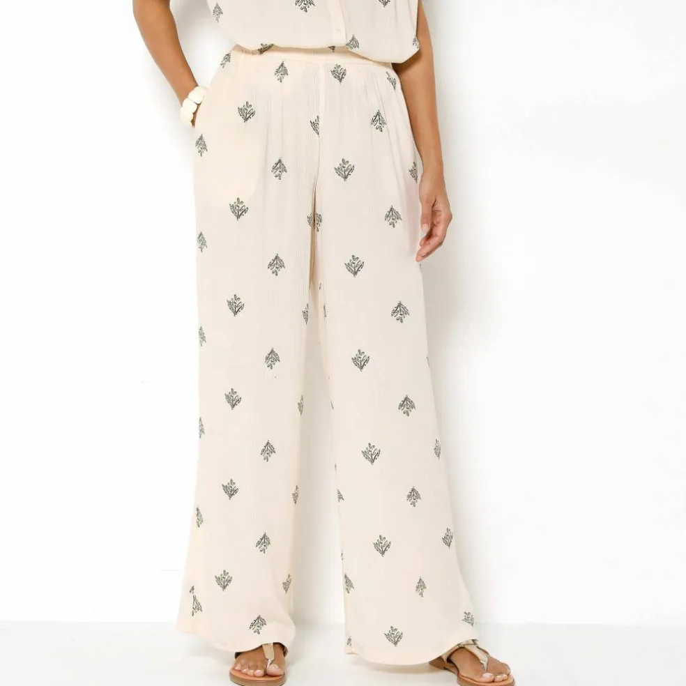 Pantalon large taille élastiquée imprimé minimaliste, crépon fluide