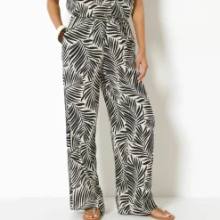 Pantalon large taille élastiquée imprimé palme, crépon fluide