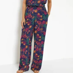 Pantalon large taille élastiquée imprimé soleil, crépon fluide