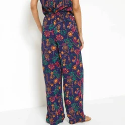Pantalon large taille élastiquée imprimé soleil, crépon fluide