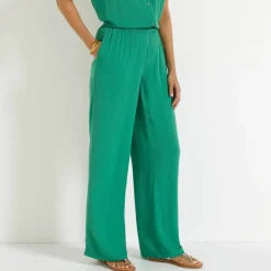 Pantalon large taille élastiquée uni, crépon fluide