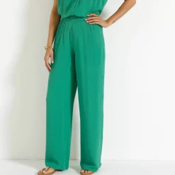 Pantalon large taille élastiquée uni, crépon fluide