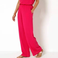 Pantalon large taille élastiquée uni, crépon fluide