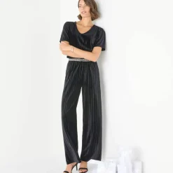 Pantalon large velours reliefé taille élastiquée