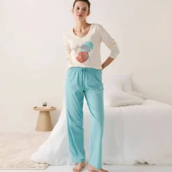 Pantalon pyjama coton uni avec lien à nouer