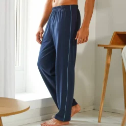Pantalon pyjama uni coton piping contrasté