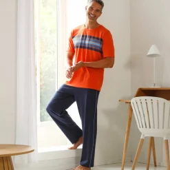 Pantalon pyjama uni coton piping contrasté