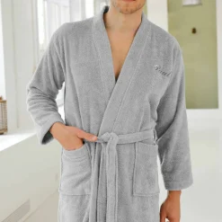 Peignoir mixte adulte uni coton éponge bouclette col kimono personnalisable