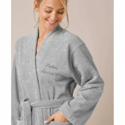 Peignoir mixte adulte uni coton éponge bouclette col kimono personnalisable